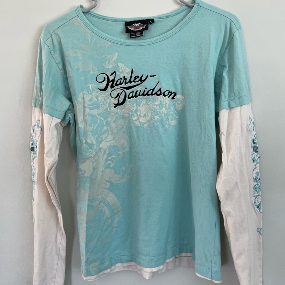 Harley-Davidson Aqua and White Long Sleeve Top